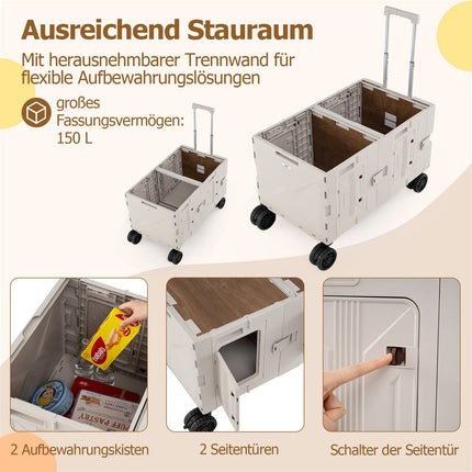 Foldable Handcart with Tabletop, 2 Storage Boxes, Adjustable Handle