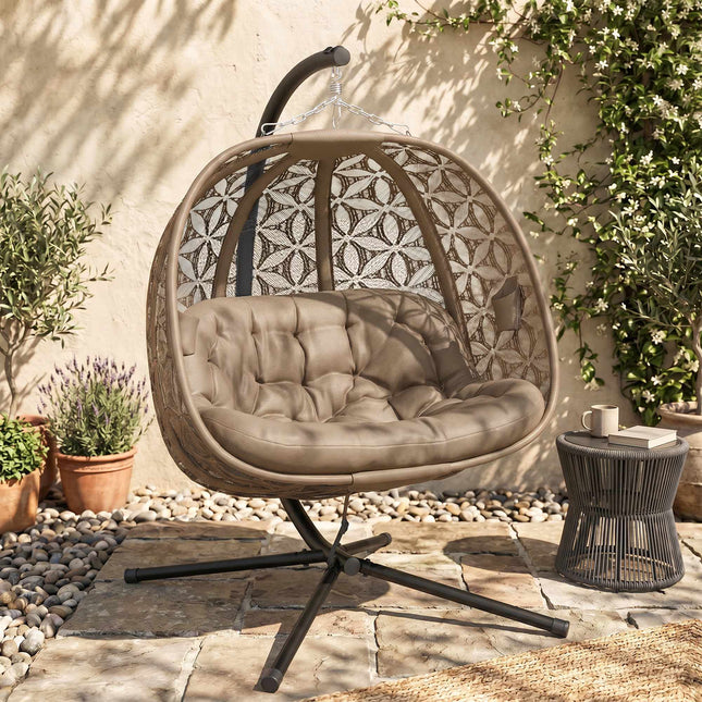Foldable Hanging Chair with Stand for 2, Cushions & Cup Holders