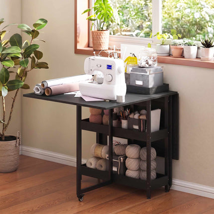 Foldable Industrial Dining Table, Black, Seats 4, Open Shelves