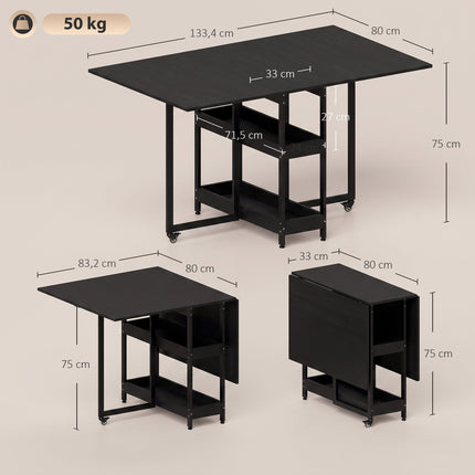 Foldable Industrial Dining Table, Black, Seats 4, Open Shelves