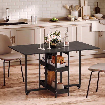 Foldable Industrial Dining Table, Black, Seats 4, Open Shelves