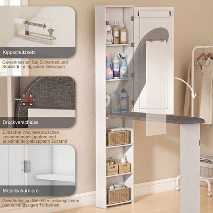 Foldable Ironing Board Cabinet with Mirror and Shelves, White