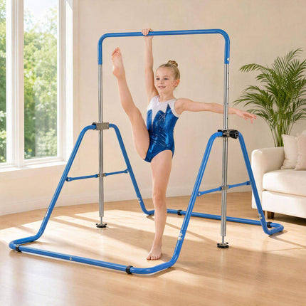 Foldable Kids Gymnastics Bar with 5 Height Levels, Blue, 143 lbs Capacity