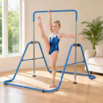 Foldable Kids Gymnastics Bar with 5 Height Levels, Blue, 143 lbs Capacity