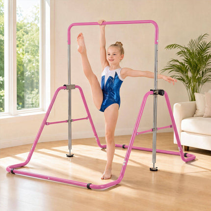 Foldable Kids Gymnastics Bar with 5 Height Levels, Pink, 143 lbs Capacity