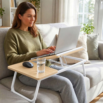 Foldable Laptop Tray for Bed and Sofa with Mouse Tray – Wood Effect, White
