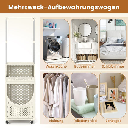 Foldable Laundry Cart with Hanging Rod & Lockable Wheels