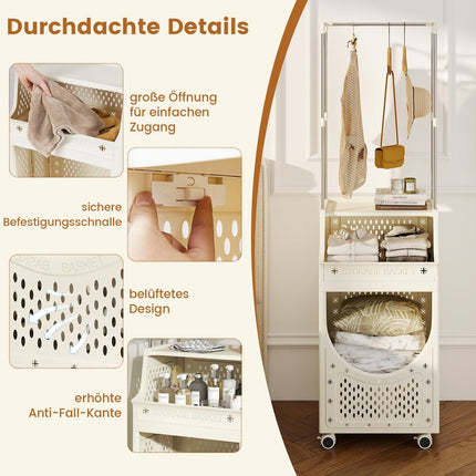 Foldable Laundry Cart with Hanging Rod & Lockable Wheels