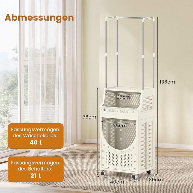 Opvouwbare wasmand met ophangstang en vergrendelbare wielen