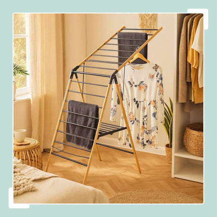 Foldable Laundry Rack – Bamboo & Metal, Winged Design