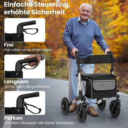 Foldable Lightweight Rollator with Air Tires, Aluminum, 140kg Capacity