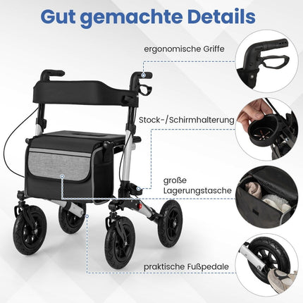 Foldable Lightweight Rollator with Air Tires, Aluminum, 140kg Capacity