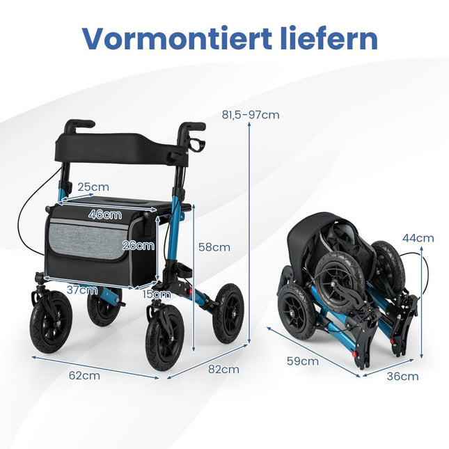 Foldable Lightweight Rollator with Air Tires, Aluminum, 140 kg Capacity