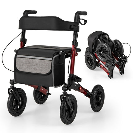 Foldable Lightweight Rollator with Air Tires, Red, 140kg Capacity