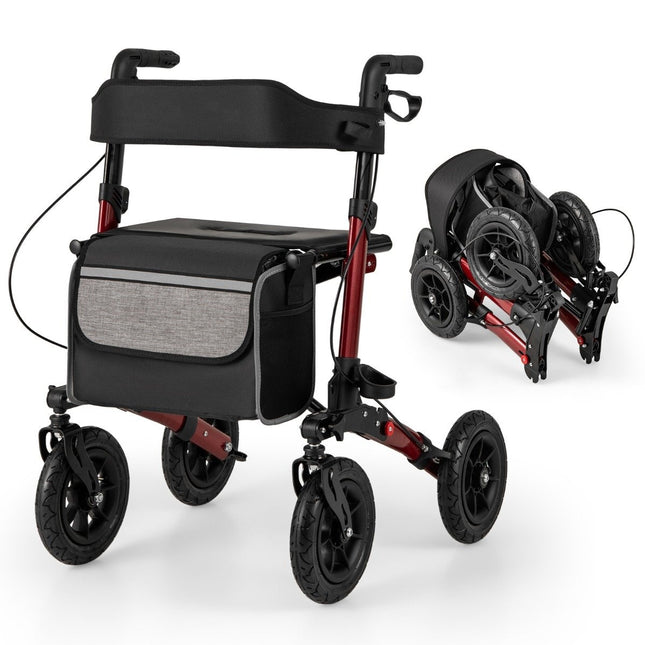 Foldable Lightweight Rollator with Air Tires, Red, 140kg Capacity