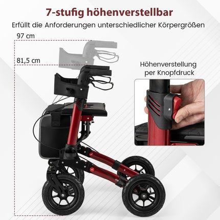 Foldable Lightweight Rollator with Air Tires, Red, 140kg Capacity
