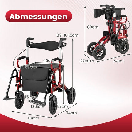 Foldable Lightweight Rollator with Pneumatic Tires & Seat