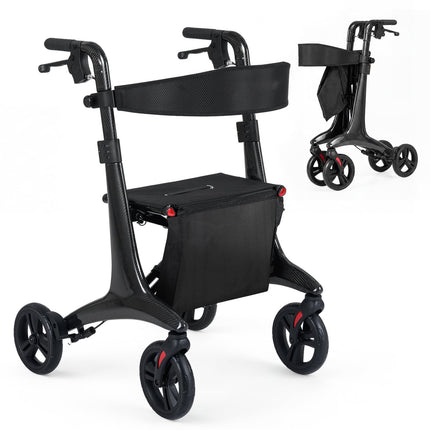 Foldable Lightweight Rollator with Seat, Carbon Fiber, Black