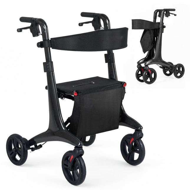 Foldable Lightweight Rollator with Seat, Carbon Fiber, Black