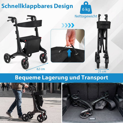 Foldable Lightweight Rollator with Seat, Carbon Fiber, Black