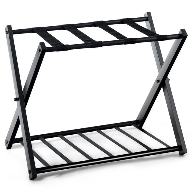 Foldable Luggage Rack with Metal Shelves, Black