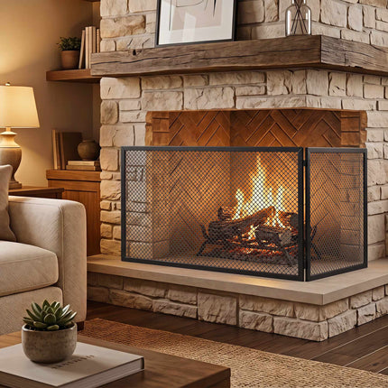 Foldable Metal Fireplace Screen, 141x50cm, Black