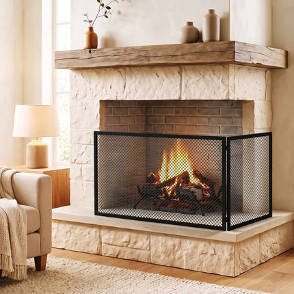 Foldable Metal Fireplace Screen, 141x50cm, Black