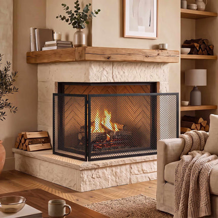 Foldable Metal Fireplace Screen, 141x50cm, Black