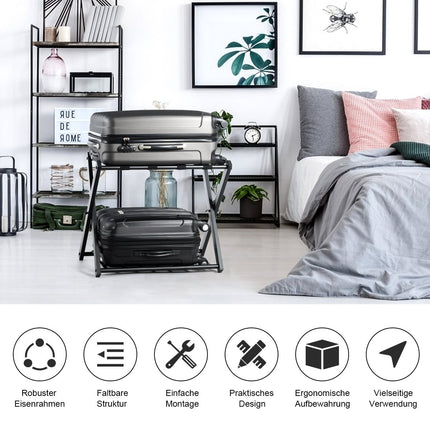 Foldable Metal Luggage Rack with Shelf, Black, 60kg Capacity