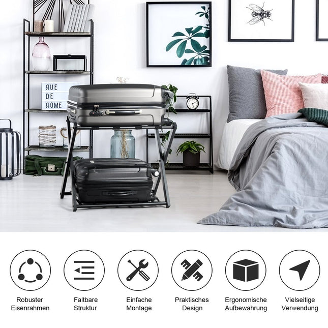 Foldable Metal Luggage Rack with Shelf, Black, 60kg Capacity