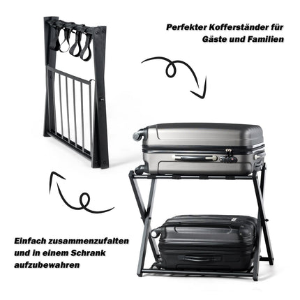Foldable Metal Luggage Rack with Shelf, Black, 60kg Capacity