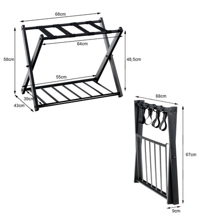 Foldable Metal Luggage Rack with Shelf, Black, 60kg Capacity