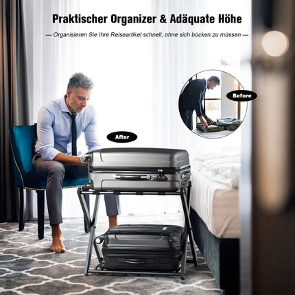 Foldable Metal Luggage Rack with Shelf, Black, 60kg Capacity