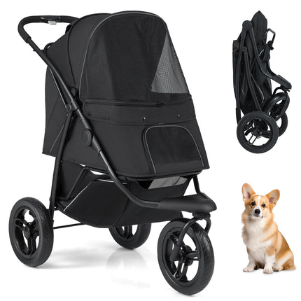 Foldable Pet Stroller, 3-Wheel, 25kg Capacity, Black