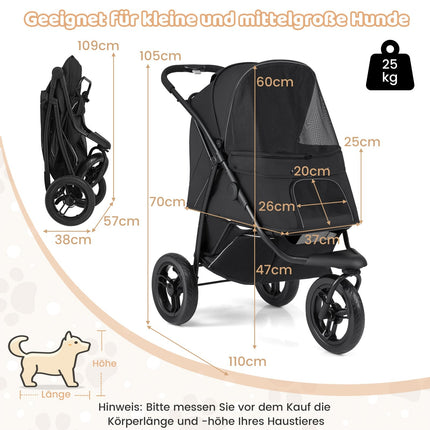 Foldable Pet Stroller, 3-Wheel, 25kg Capacity, Black