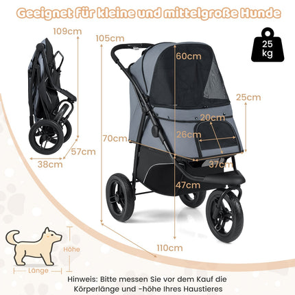 Foldable Pet Stroller, 3-Wheel, Adjustable Canopy, 25kg Capacity