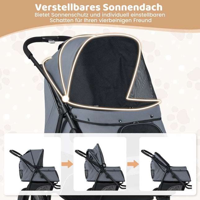 Foldable Pet Stroller, 3-Wheel, Adjustable Canopy, 25kg Capacity