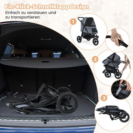Foldable Pet Stroller, 3-Wheel, Adjustable Canopy, 25kg Capacity
