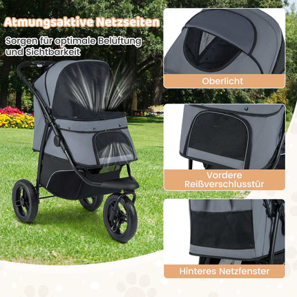 Foldable Pet Stroller, 3-Wheel, Adjustable Canopy, 25kg Capacity