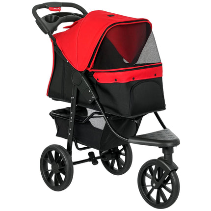 Foldable Pet Stroller, 3 Wheels, Mesh Windows, Red, 10kg Max
