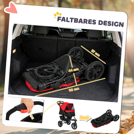 Foldable Pet Stroller, 3 Wheels, Mesh Windows, Red, 10kg Max