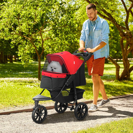 Foldable Pet Stroller, 3 Wheels, Mesh Windows, Red, 10kg Max