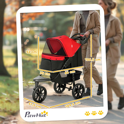 Foldable Pet Stroller, 3 Wheels, Mesh Windows, Red, 10kg Max