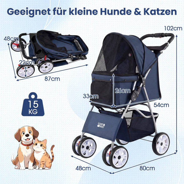 Foldable Pet Stroller, Breathable Mesh, All-Terrain Tires, Blue