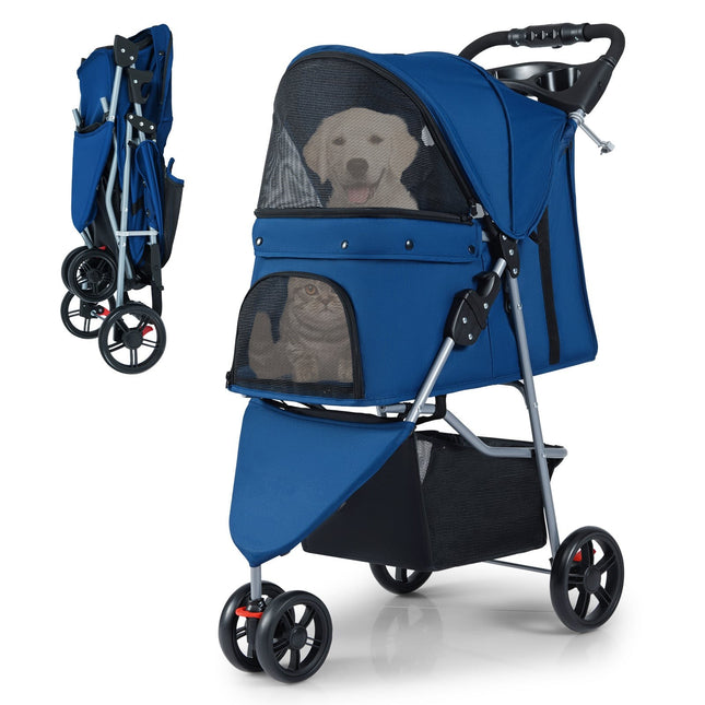 Foldable Pet Stroller with Adjustable Canopy, Blue