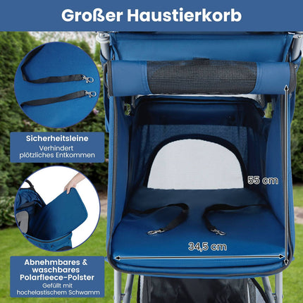 Foldable Pet Stroller with Adjustable Canopy, Blue