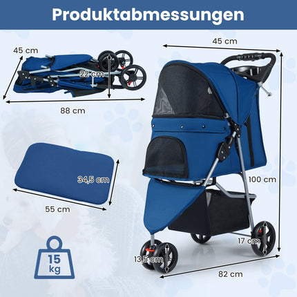 Foldable Pet Stroller with Adjustable Canopy, Blue