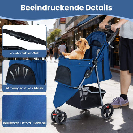 Foldable Pet Stroller with Adjustable Canopy, Blue
