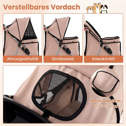 Foldable Pet Stroller with Mesh, All-Terrain Wheels, Beige