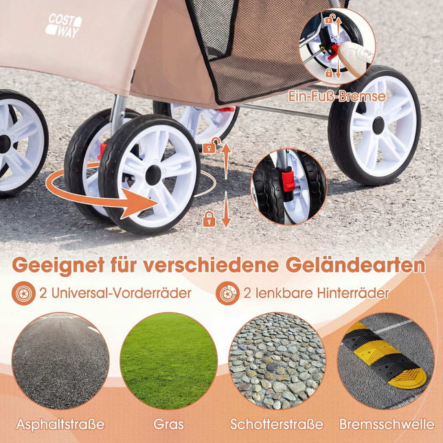Foldable Pet Stroller with Mesh, All-Terrain Wheels, Beige